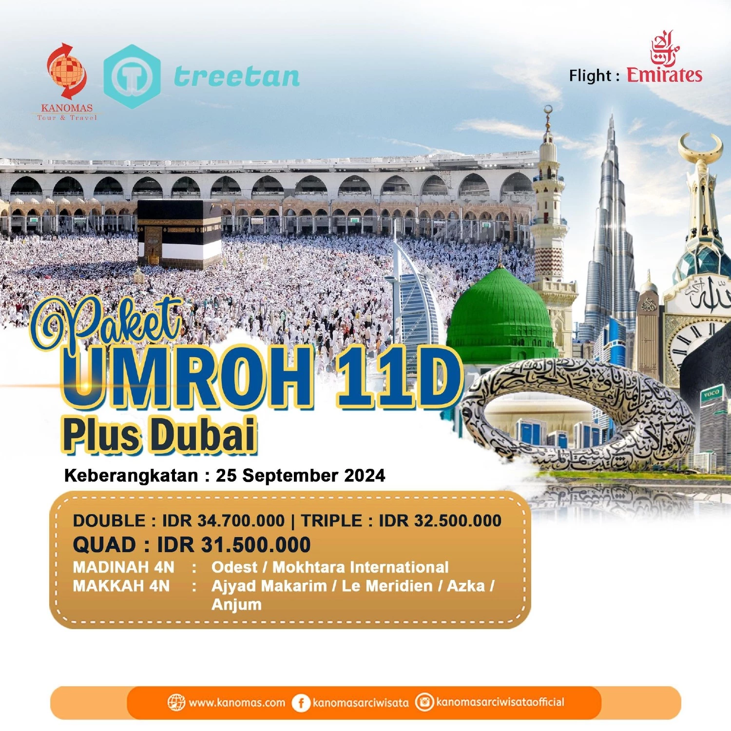 Umroh Plus Dubai 11 Hari 25 September 2024 by Emirates